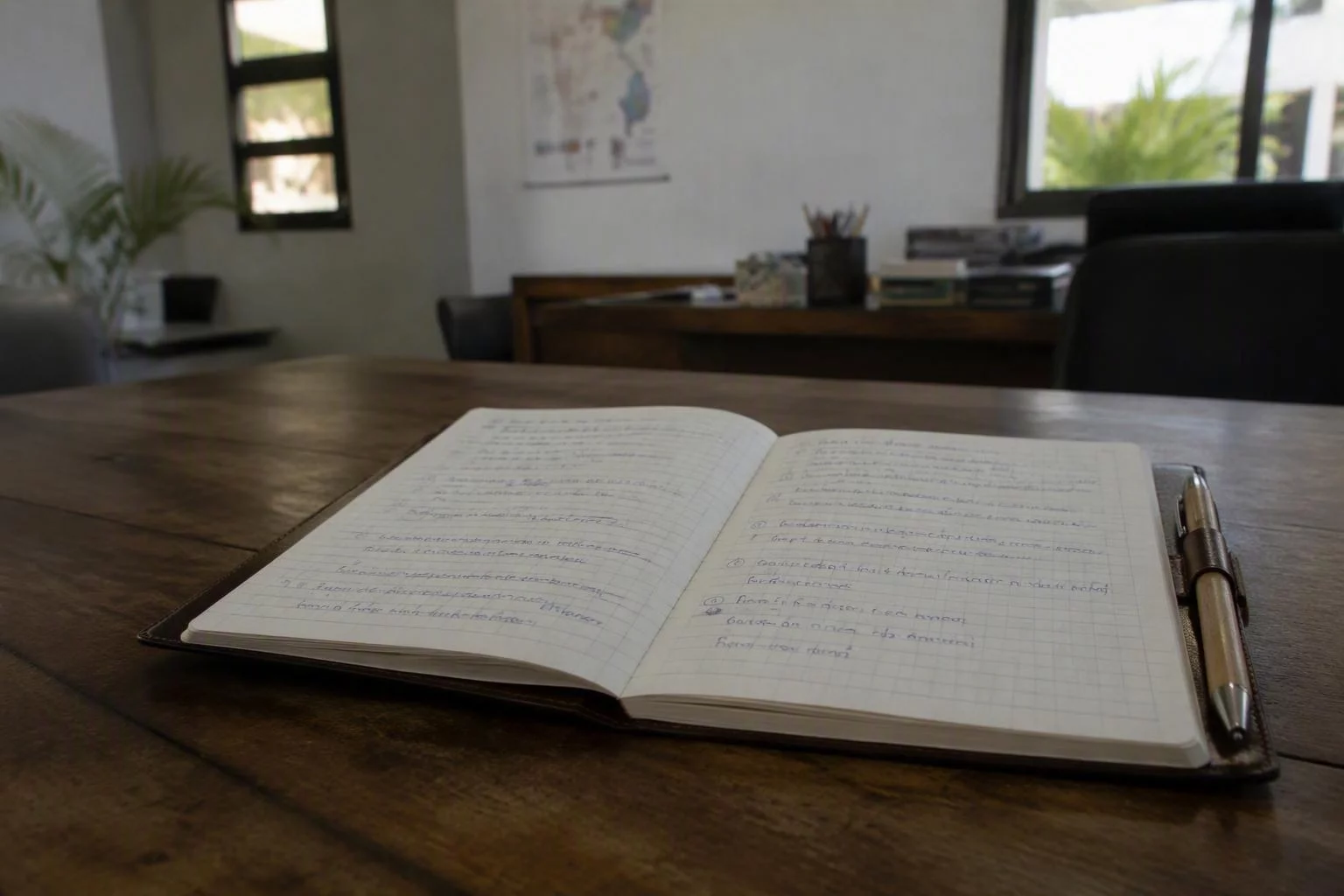 Caderno quadriculado com o roteiro de perguntas preenchido à mão